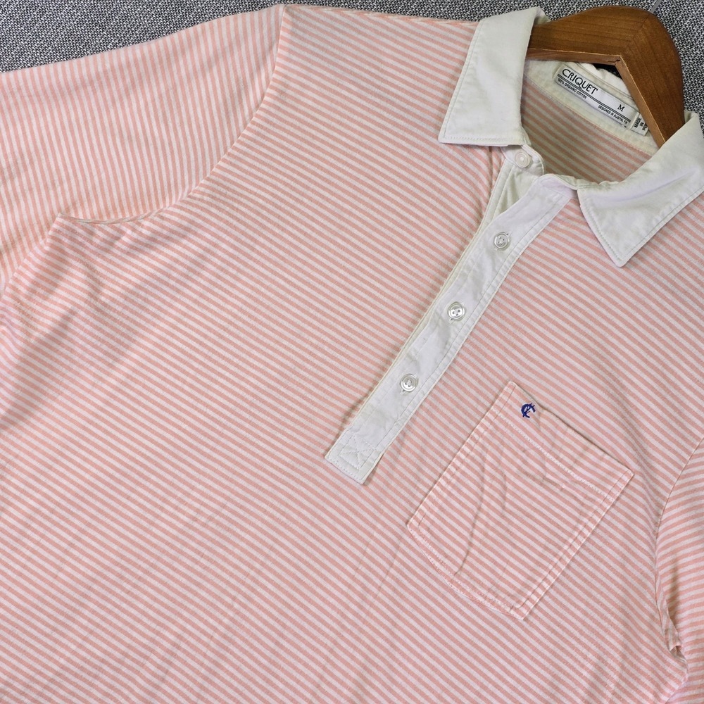 Criquet Pocket Polo Golf Shirt Mens M Pink White Striped Contrast Collar Organic